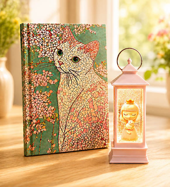 Kedi Çiçeği Özel Tasarım Defter & Kedili Kız Işıklı Kar Küresi