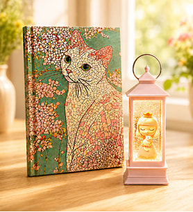 Kedi Çiçeği Özel Tasarım Defter & Kedili Kız Işıklı Kar Küresi
