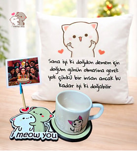 Kişiye Özel Doğum Günü Hediyesi Kedi Yastık & Kedi Figürlü Kupa