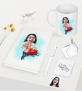 BK Gift Kişiye Özel Ev Hanımı Anne Karikatürlü Beyaz Defter Kalem Kupa Ayna Seti - 2 (Model 1)