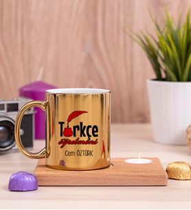 Türkçe Öğretmeni Ahşap Altlıklı Mumlu Gold Kupa Bardak