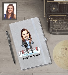Kişiye Özel Spiker Karikatürlü Gri Defter Kalem Hediye Seti  Bayan-1
