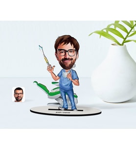 BK Gift Kişiye Özel Erkek Diş Hekimi Karikatürlü Ahşap Biblo Model-4 (Beyaz)