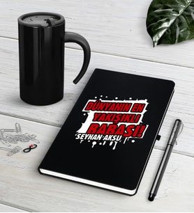 BK Gift Kişiye Özel Dünyanın En Yakışıklı Babası Siyah Defter Kalem Termos Mug Seti-1 (Model 1)