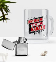 BK Gift Kişiye Özel Dünyanın En Yakışıklı Babası Cam Kupa Bardak Benzinli Metal Çakmak Seti (Model 1)