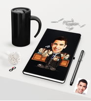 BK Gift Kişiye Özel Bay Avukat Karikatürlü Siyah Defter Kalem ve Termos Mug Seti - 2 (Model 1)