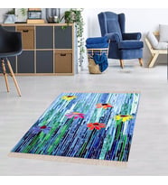 Papatya Desenli Dijital Baskı Yıkanabilir Kaymaz Taban Modern Salon Halı (Mavi)