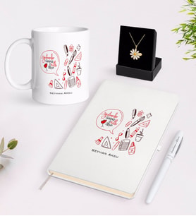 BK Gift Kişiye Özel Öğretmenler Günümüz Kutlu Olsun Beyaz Kupa Defter Kalem ve İsimli Papatya Kolye Hediye Seti-2 (Model 1)