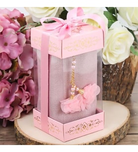 Hediyelik Pembe Şal, İnci Tesbih Güllü, Özel Asetat Kutulu (16×8) Set