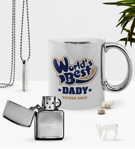 BK Gift Kişiye Özel Dünyanın En İyi Babası Krom Kupa Benzinli Çakmak Kolye Seti-3 (Model 1)