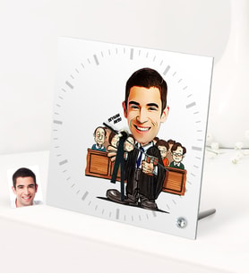 BK Gift Kişiye Özel Bay Avukat Karikatürlü Masaüstü Kare Cam Saat - 2 (Beyaz)