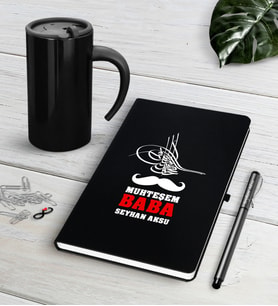 BK Gift Kişiye Özel Muhteşem Baba Siyah Defter Kalem Termos Mug Seti (Model 1)