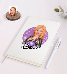 BK Gift Kişiye Özel Kadın Astrolog Karikatürlü Beyaz Defter ve Kalem Hediye Seti-1
