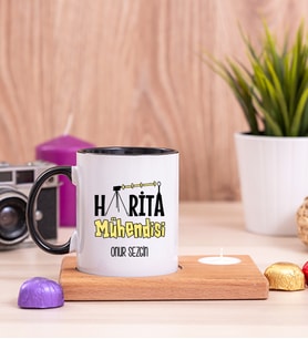 Harita Mühendisi Ahşap Altlıklı Mumlu Siyah Kupa Bardak