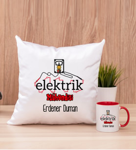 Elektrik Mühendisi Kare Yastık ve Kırmızı Kupa Bardak