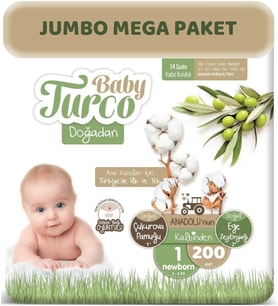 Baby Turco Bebek Bezi Doğadan Beden:1 (2-5Kg) Yeni Doğan 200 Adet Jumbo Mega Pk