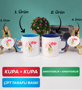 İkili Mavi Lacivert Sevgiliye Sevgililer Günü Hediyesi 1 Kupa Bardak Anahtarlık