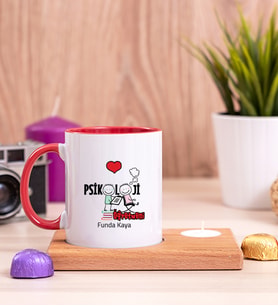 Psikoloji Öğretmeni Ahşap Altlıklı Mumlu Kırmızı Kupa Bardak