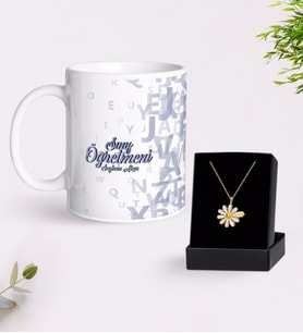 BK Gift Kişiye Özel Sınıf Öğretmeni Beyaz Kupa ve Papatya Kolye Hediye Seti-15 (Model 1)