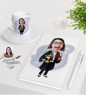 BK Gift Kişiye Özel Bayan Avukat Karikatürlü Beyaz Defter Kalem Türk Kahvesi Fincanı Seti-1 (Model 1)