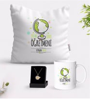 BK Gift Kişiye Özel En İyi Sınıf Öğretmeni Beyaz Kupa Yastık ve İsimli Papatya Kolye Hediye Seti-3 (Model 1)