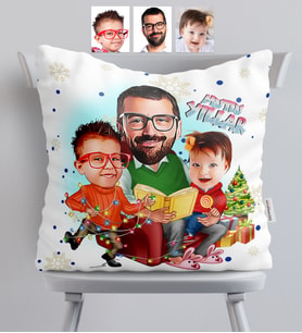 BK Gift Kişiye Özel Yılbaşı Temalı Aile Karikatürlü  Yastık - 1