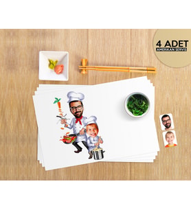 BK Gift Kişiye Özel Baba Oğul Chef Karikatürlü 4 Adet Amerikan Servis Seti
