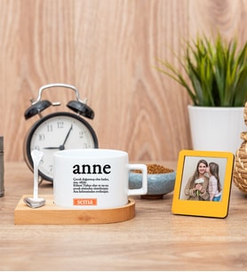 Anne Kelime Anlamı Fincan ve Turuncu Mini Fotoğraf Çerçevesi