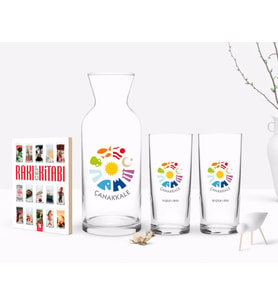 BK Gift Kişiye Özel Renkli Baskılı Çanakkale Tasarımlı Turistik İkili Rakı Bardağı Karaf ve Cep Kitabı Hediye Seti-1 (Model 1)