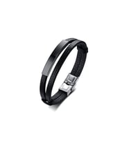 Siyah Deri Zarif Tasarım Çift Sıra Erkek Deri & Çelik Bileklik