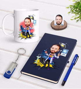 BK Gift Kişiye Özel Erkek Diş Hekimi Karikatürlü Lacivert Defter Kalem Kupa 32gb USB Bellek Hediye Seti-1 (Model 1)