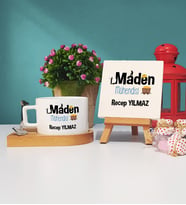 Maden Mühendisi Ahşap Altlıklı Fincan ve Dekoratif Taş Baskı Seti