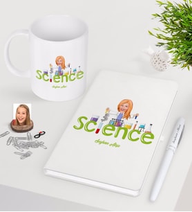 BK Gift Kişiye Özel Bayan Fen Bilimler Öğretmeni Beyaz Defter Kalem Kupa Seti-1 (Model 1)