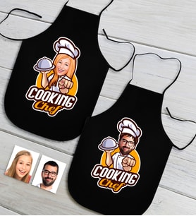 BK Gift Kişiye Özel İkili Bay ve Bayan Chef Karikatürlü Siyah Mutfak Önlüğü Seti-15