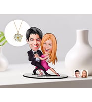 BK Gift Kişiye Özel Sevgililer Karikatürlü 3D Ahşap Biblo ve Çift İsimli Papatya Kolye Seti-13 (Model 1)