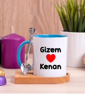 Sevgililere Özel İsim Yazılı Ahşap Altlıklı Mavi Kupa Bardak