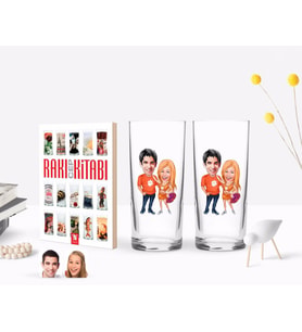 BK Gift Kişiye Özel Renkli Baskılı Sevgililer Karikatürlü İkili Rakı Bardağı ve Rakı Cep Kitabı Hediye Seti-54 (Model 1)