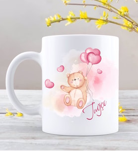 BK Gift Kişiye Özel Kalpli Uçan Ayı Tasarımlı Beyaz Kupa Bardak-1