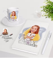 BK Gift Kişiye Özel Bayan Mimar Karikatürlü Beyaz Defter Kalem Türk Kahvesi Fincanı Seti-1 (Model 1)