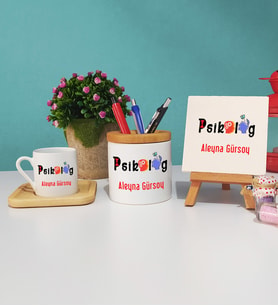 Psikolog Ahşap Altlıklı Türk Kahvesi Fincanı Kalemlik Dekoratif Taş Baskı Seti