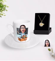 BK Gift Kişiye Özel Bayan Öğretmen Karikatürlü Türk Kahvesi Fincanı ve İsimli Papatya Kolye Hediye Seti-2 (Model 1)