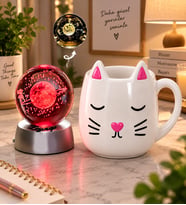 Kişiye Özel Satürn Kız Işıklı Kristal Küre & Kedi Figürlü Kupa Seti