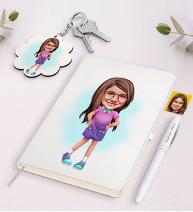 BK Gift Kişiye Özel Kız Çocuk Karikatürlü Beyaz Defter Kalem ve Anahtarlık Hediye Seti-3 (Model 1)