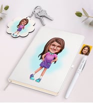 BK Gift Kişiye Özel Kız Çocuk Karikatürlü Beyaz Defter Kalem ve Anahtarlık Hediye Seti-3 (Model 1)