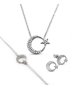 925 Ayar Gümüş Ayyıldız Kolye & Küpe & Bileklik Set