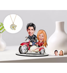 BK Gift Kişiye Özel Sevgililer Karikatürlü 3D Ahşap Biblo ve Çift İsimli Papatya Kolye Seti-12 (Model 1)