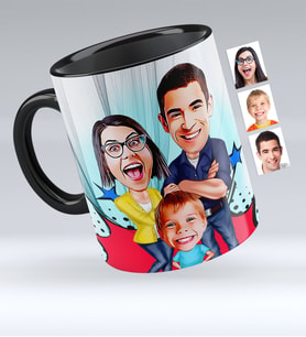 BK Gift Kişiye Özel Aile Karikatürlü Siyah Kupa Bardak  1