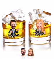 BK Gift Kişiye Özel Renkli Baskılı Erkek ve Kadın Karikatürlü İkili Viski Bardağı-1 (Beyaz)