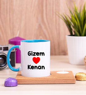 Sevgililere Özel İsim Yazılı Ahşap Altlıklı Mumlu Mavi Kupa Bardak