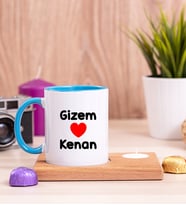 Sevgililere Özel İsim Yazılı Ahşap Altlıklı Mumlu Mavi Kupa Bardak